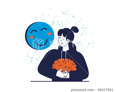 Mental health concept with character situation. Happy woman hugs brain, is in balance and harmony, takes care of herself and her emotions. Vector illustration with people scene in flat design for web 99327991