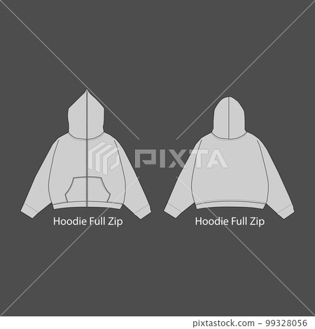 Full zip hoodie sweatshirt flat technical drawing illustration mock-up template for design and tech packs men or unisex fashion CAD streetwear. 99328056