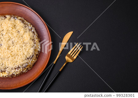 Delicious fresh pie with chicken liver, eggs, onions, carrots and mayonnaise Delicious fresh pie with chicken liver, eggs, onions, carrots and mayonnaise 99328301