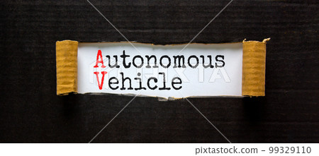 AV autonomous vehicle symbol. Concept words AV autonomous vehicle on white paper. Beautiful black background. Business technology AV autonomous vehicle concept. Copy space. 99329110