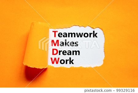 TMDW Teamwork makes dream work symbol. Concept words TMDW Teamwork makes dream work on white paper on beautiful orange background. Business TMWD teamwork makes dream work concept. Copy space. TMDW Teamwork makes dream work symbol. Concept words TMDW Teamwork makes dream work on white paper on beautiful orange background. Business TMWD teamwork makes dream work concept. Copy space. 99329116