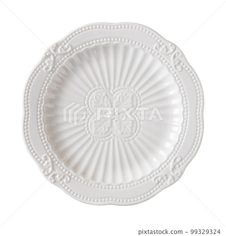 Empty dessert porcelain plate cutout. White dish with a textured floral pattern isolated. Empty dessert porcelain plate cutout. White dish with a textured floral pattern isolated. 99329324