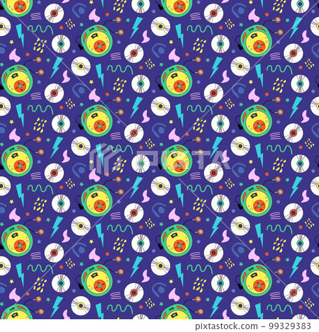 Pattern with CD player and music discs. Retro style memphis and 90s.  99329383