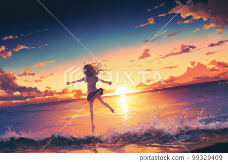 silhouette of a girl jumping on the beach at sunset 99329409