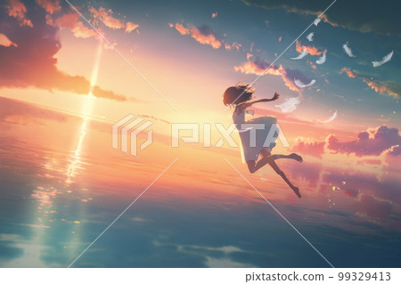 Silhouette of a girl jumping into the sea at sunset 99329413