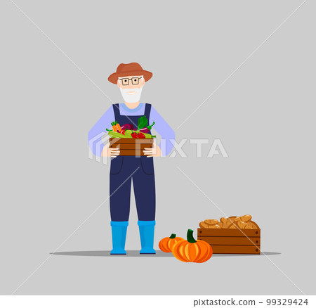 Grandfather is holding a box with various vegetables.  99329424