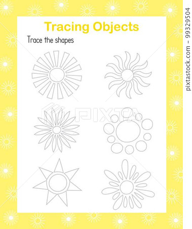 Tracing sun linear images handwriting practice vector illustration educational printable worksheet, drawing objects leisure activity learning concept, game for kids teachers resources Tracing sun linear images handwriting practice vector illustration educational printable worksheet, drawing objects leisure activity learning concept, game for kids teachers resources 99329504