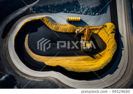 Open pit mine, extractive industry for coal. Big yellow mining truck machinery for coal quarry. Neural network AI generated art 99329680