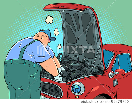 A man in uniform repairs a car. auto repair shop garage A professional works in a car service. Maintenance for driver safety. 99329700