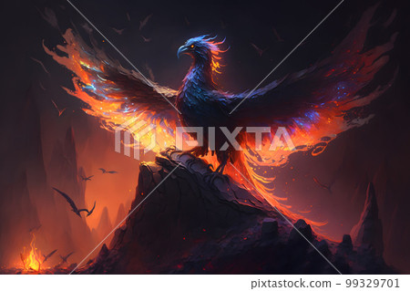 Raise of burning bird phoenix in the volcanic landscape. Neural network AI generated art 99329701