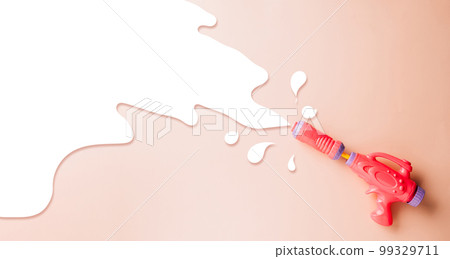 Happy songkran day festival at Thailand. water gun shoot water splash drawing empty space for text isolated on pastel pink background, traditional Thai New Year, Web banner design 99329711