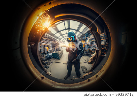 Welder works with Industrial automotive part in metal factory. Neural network AI generated art 99329712