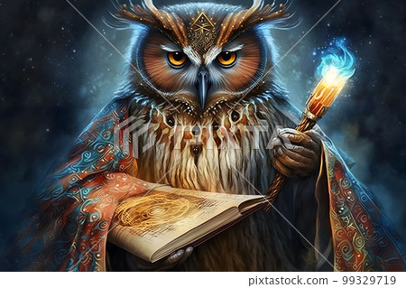 Mysterious sorceress owl. The background is a smoky forest in the fog. Neural network AI generated art Mysterious sorceress owl. The background is a smoky forest in the fog. Neural network AI generated art 99329719