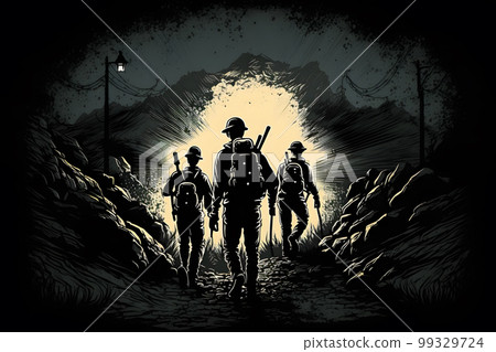 Back view of silhouettes of male workers in dark coal mine. Neural network AI generated art 99329724