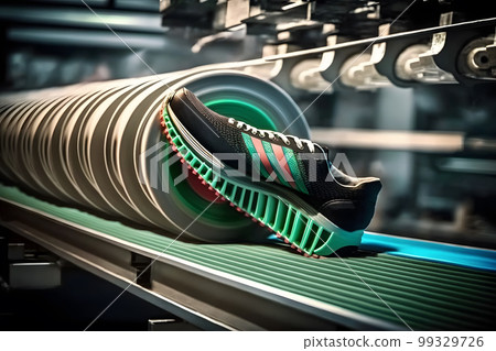 Machines and equipment of the shoe factory, modern footwear production. Neural network AI generated art Machines and equipment of the shoe factory, modern footwear production. Neural network AI generated art 99329726