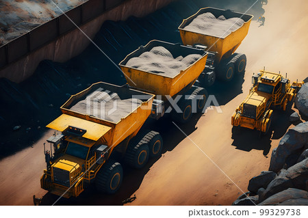 Open pit mine, extractive industry for coal. Big yellow mining truck machinery for coal quarry. Neural network AI generated art 99329738