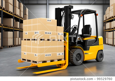 Warehouse with fully loaded forklift between rows in the big interior space. Neural network AI generated art Warehouse with fully loaded forklift between rows in the big interior space. Neural network AI generated art 99329760