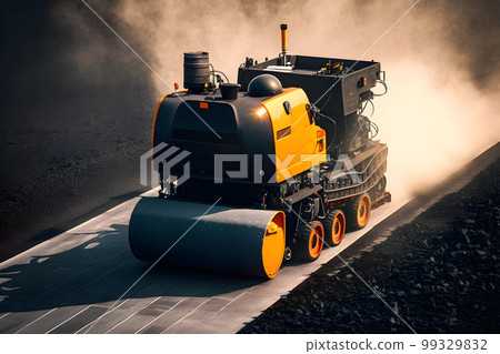 Worker operating asphalt paver machine finisher during road construction and repairing works. Neural network AI generated art 99329832