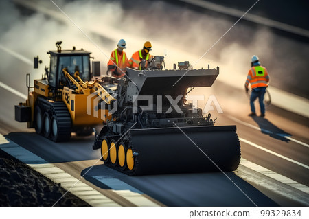 Worker operating asphalt paver machine finisher during road construction and repairing works. Neural network AI generated art 99329834