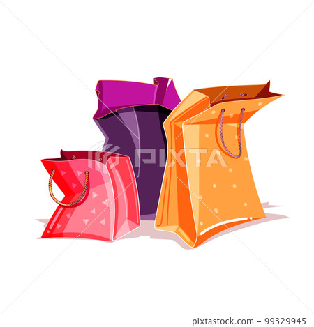 Colorful isolated paper bag on white background. Shopping flat cartoon vector illustration for poster, web design, banner, card, flyer, icon, logo or badge. 99329945