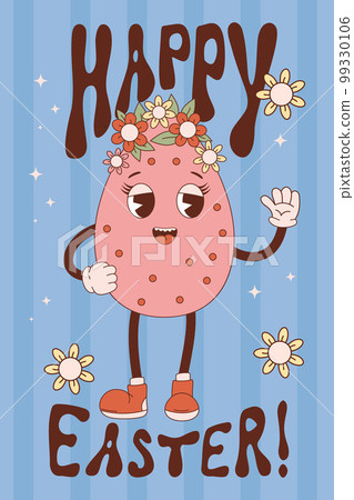 Retro cartoon character easter egg in flower wreath. Groovy vintage cute mascot. Vector illustration. Happy Easter greeting vertical card. 99330106