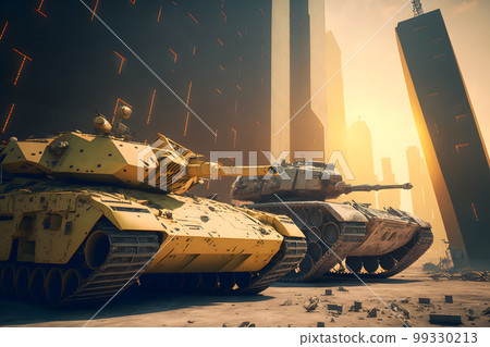 Modern futuristic battle tank with turret and cannon in city center. Neural network AI generated art Modern futuristic battle tank with turret and cannon in city center. Neural network AI generated art 99330213