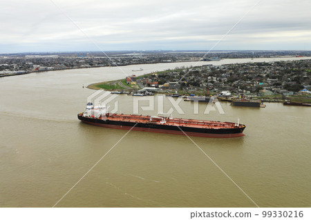 Aerial of Freighter on Mississippi River at New Orleans, Louisiana, United States 99330216