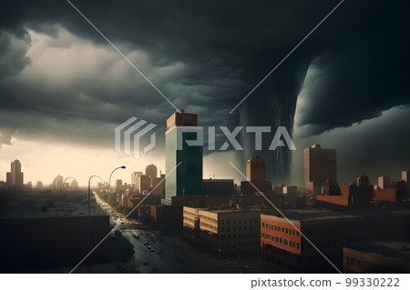 Tornado storm in city center with dark sky and bad weather. Neural network AI generated art Tornado storm in city center with dark sky and bad weather. Neural network AI generated art 99330222