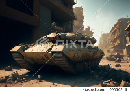 Modern futuristic battle tank with turret and cannon in city center. Neural network AI generated art 99330246