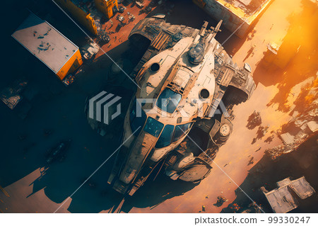 Modern futuristic battle tank with turret and cannon in city center. Neural network AI generated art 99330247