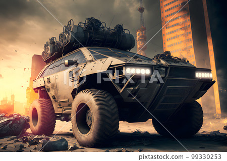Modern futuristic off-road SUV car with turret in city center. Neural network AI generated art 99330253