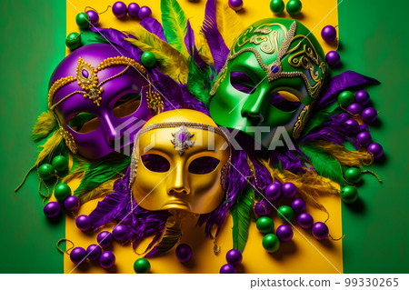 Group of venetian mardi gras mask or disguise on a colorful bright background. Neural network AI generated art Group of venetian mardi gras mask or disguise on a colorful bright background. Neural network AI generated art 99330265