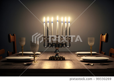 Hanukkah menorah on jewish traditional festive table. Neural network AI generated art 99330269