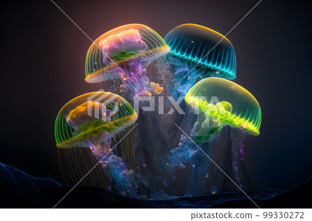 Group of clear glowing neon color light jelly fish in deep dark water. Neural network AI generated art Group of clear glowing neon color light jelly fish in deep dark water. Neural network AI generated art 99330272