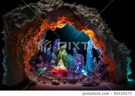 Beautiful wild crystal stalactites and stalagmites in cave. Neural network AI generated art Beautiful wild crystal stalactites and stalagmites in cave. Neural network AI generated art 99330273