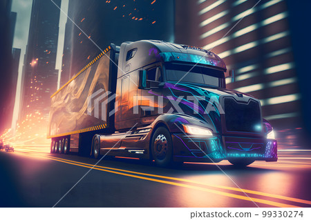 Modern futuristic truck car in city center. Neural network AI generated art Modern futuristic truck car in city center. Neural network AI generated art 99330274