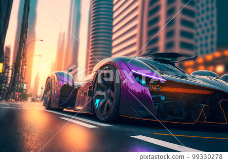 Modern futuristic fast sport car in city center. Neural network AI generated art 99330278