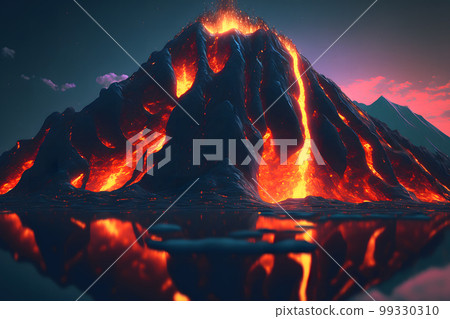 Night fantasy landscape with abstract mountains and island on the water, explosive volcano with burning lava. Neural network AI generated art 99330310