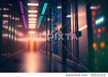 Server racks in computer network security server room data center. Neural network AI generated art 99330316