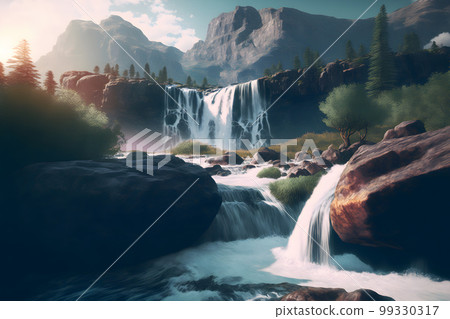 Beautiful landscape with big waterfall in sunny summertime. Neural network AI generated art 99330317
