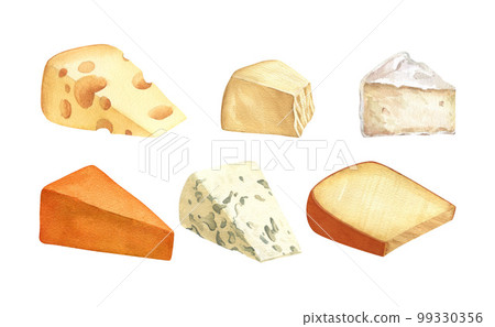 Watercolor different hard kinds cheeses, milk dairy product. Delicious food hand-drawn illustration isolated on white background. Perfect for menu, recipe, label, packaging design Watercolor different hard kinds cheeses, milk dairy product. Delicious food hand-drawn illustration isolated on white background. Perfect for menu, recipe, label, packaging design 99330356