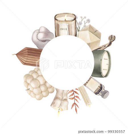 Watercolor round frame of modern scented candles of soy and coconut wax, essential oils, craft trendy candles. Hand-drawn illustration isolated on white background for aromatherapy, home, meditation Watercolor round frame of modern scented candles of soy and coconut wax, essential oils, craft trendy candles. Hand-drawn illustration isolated on white background for aromatherapy, home, meditation 99330357