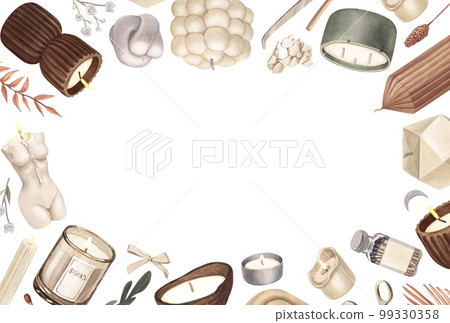 Watercolor frame of modern scented candles of soy and coconut wax, essential oils, craft trendy candles. Hand-drawn illustration isolated on white background for aromatherapy, hygge home, meditation 99330358