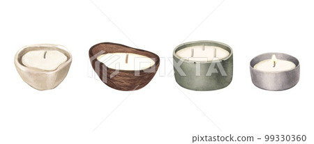 Watercolor set of modern scented candles of soy and coconut wax, essential oils, craft trendy candles. Hand-drawn illustration isolated on white background for aromatherapy, hygge home, meditation 99330360