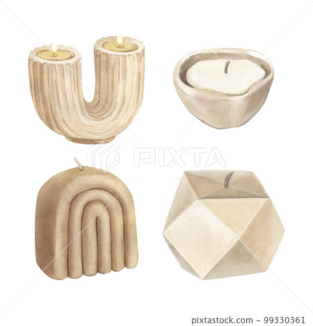 Watercolor set of modern scented candles of soy and coconut wax, essential oils, craft trendy candles. Hand-drawn illustration isolated on white background for aromatherapy, hygge home, meditation 99330361