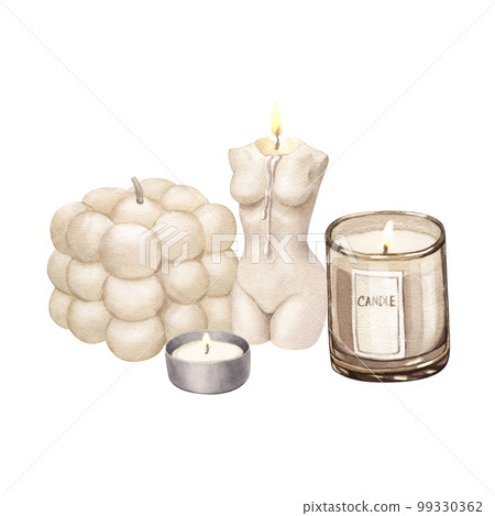 Watercolor set of modern scented candles of soy and coconut wax, essential oils, craft trendy candles. Hand-drawn illustration isolated on white background for aromatherapy, hygge home, meditation 99330362