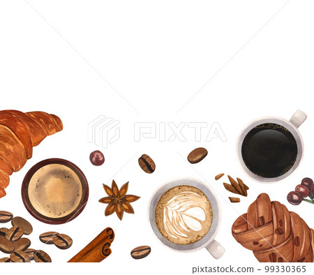 Watercolor frame coffee elements and sweets top view. Hand-drawn illustration isolated on white background. Perfect concept for cafe, for cooking, restaurant banner, menu, flyer, brochure template Watercolor frame coffee elements and sweets top view. Hand-drawn illustration isolated on white background. Perfect concept for cafe, for cooking, restaurant banner, menu, flyer, brochure template 99330365