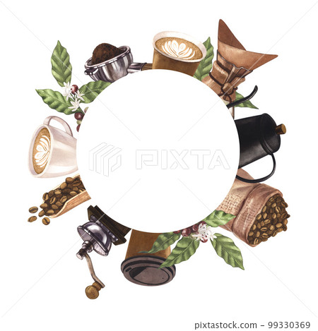Watercolor set frame round of coffee elements collection. Hand-drawn illustration isolated on white background. Perfect concept for cafe, for cooking, restaurant banner, menu, flyer, brochure template Watercolor set frame round of coffee elements collection. Hand-drawn illustration isolated on white background. Perfect concept for cafe, for cooking, restaurant banner, menu, flyer, brochure template 99330369