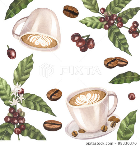 Watercolor set frame coffee elements. Hand-drawn illustration isolated on white background. Perfect concept for cafe, for cooking, restaurant banner, menu, flyer, brochure template Watercolor set frame coffee elements. Hand-drawn illustration isolated on white background. Perfect concept for cafe, for cooking, restaurant banner, menu, flyer, brochure template 99330370