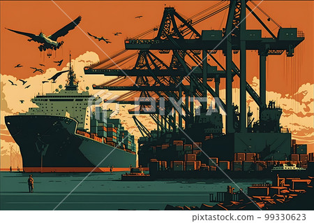 Crane loading cargo container import container ship in the international terminal logistic sea port concept freight shipping. Neural network AI generated art 99330623
